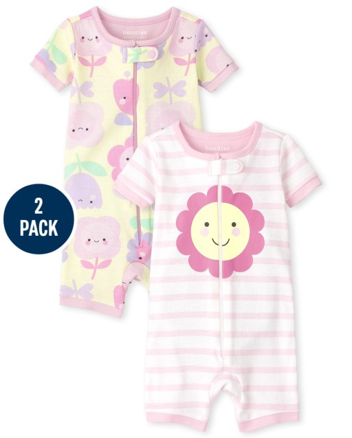 Paquete de 2 pijamas de una pieza de algodón con ajuste ceñido a rayas y flores de manga corta para bebés y niñas pequeñas