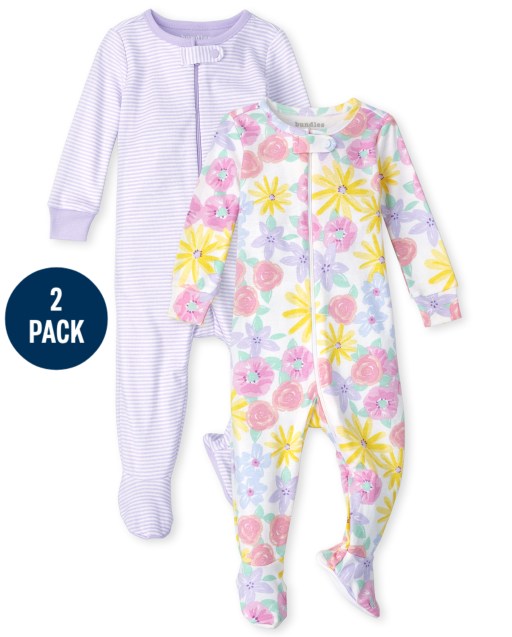 Paquete de 2 pijamas de una pieza de algodón con ajuste ceñido a rayas y flores de manga larga para bebés y niñas pequeñas