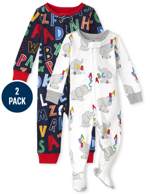 Pijama unisex de una pieza de algodón con estampado de elefante y alfabeto de manga larga para bebés y niños pequeños, paquete de 2