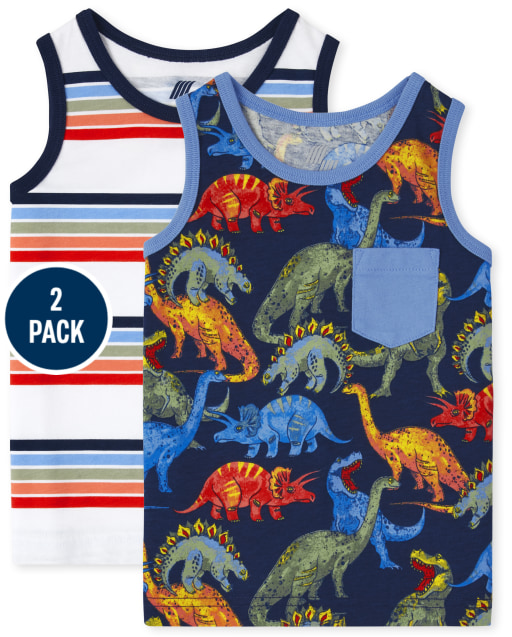 Toddler Boys Mix And Match Sleeveless Striped And Dino Pocket Tank Top 2-Pack