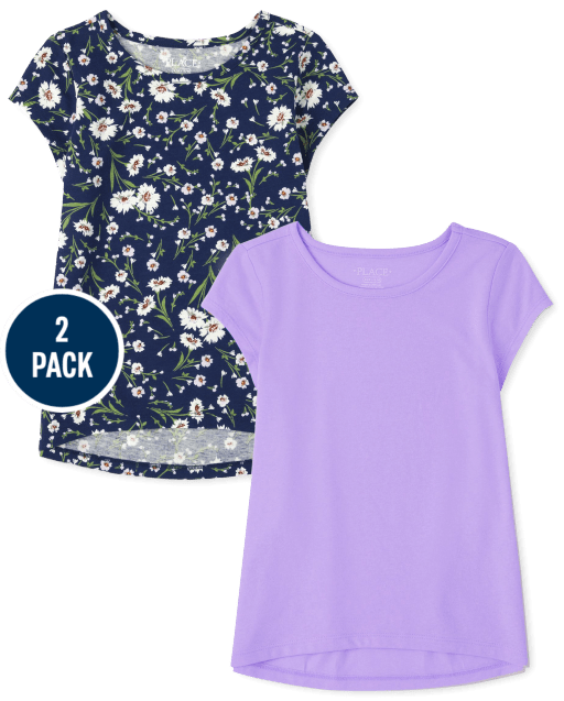 Girls Short Sleeve Print Basic Layering Tee 2-Pack