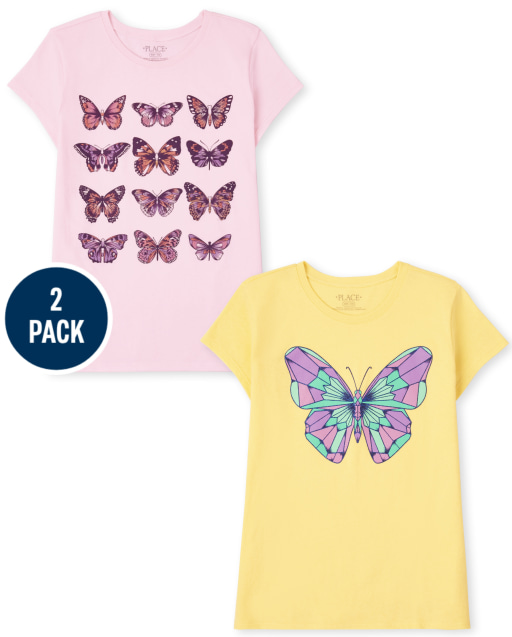Girls Short Sleeve Butterfly Graphic Tee 2-Pack