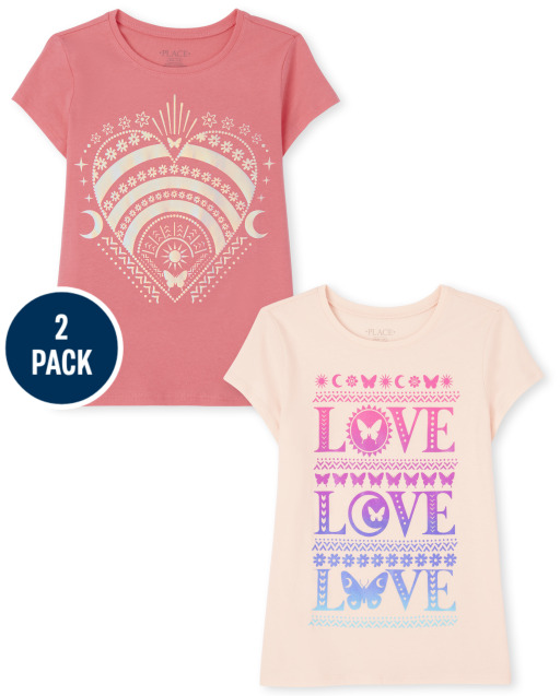 Girls Short Sleeve Heart And 'Love' Graphic Tee 2-Pack
