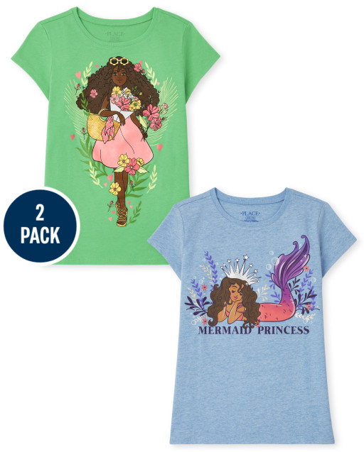 Girls Short Sleeve Mermaid And Princess Graphic Tee 2-Pack