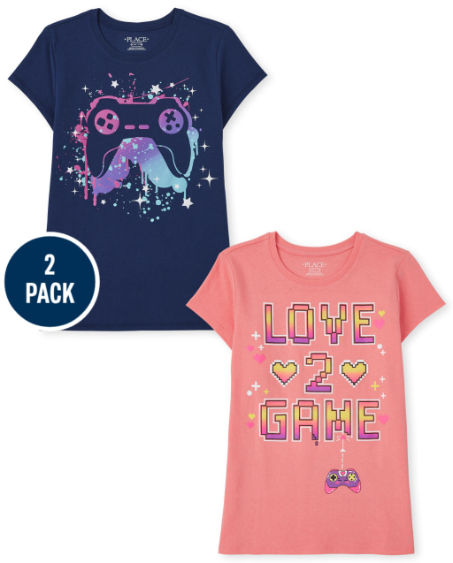 Paquete de 2 camisetas gráficas con controlador de videojuegos y 'Love 2 Game' para niñas