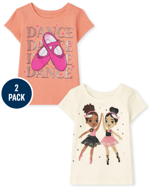 Paquete de 2 camisetas con estampado de danza para niñas pequeñas