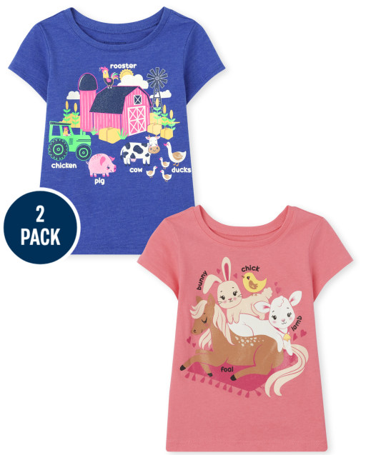 Toddler Girls Short Sleeve Farm And Animal Graphic Tee 2-Pack