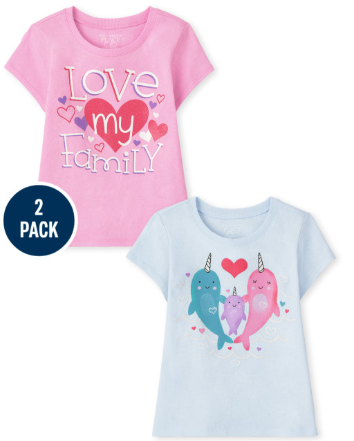 Toddler Girls Short Sleeve 'Love My Family' And Narwhal Graphic Tee 2-Pack