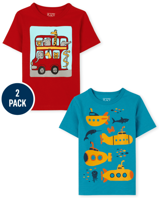 Toddler Boys Short Sleeve Bus And Submarine Graphic Tee 2-Pack