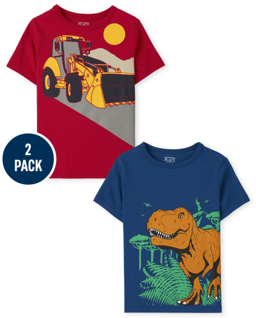 Paquete de 2 camisetas de manga corta con gráfico de dinosaurio y vehículo para bebés y niños pequeños