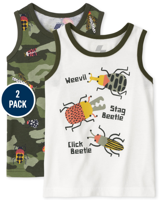 Toddler Boys Mix And Match Sleeveless Bug And Dino Tank Top 2-Pack