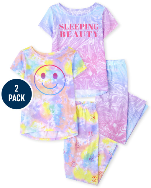 Girls Short Sleeve Happy Face Tie Dye And 'Sleeping Beauty' Marble Pajamas 2-Pack