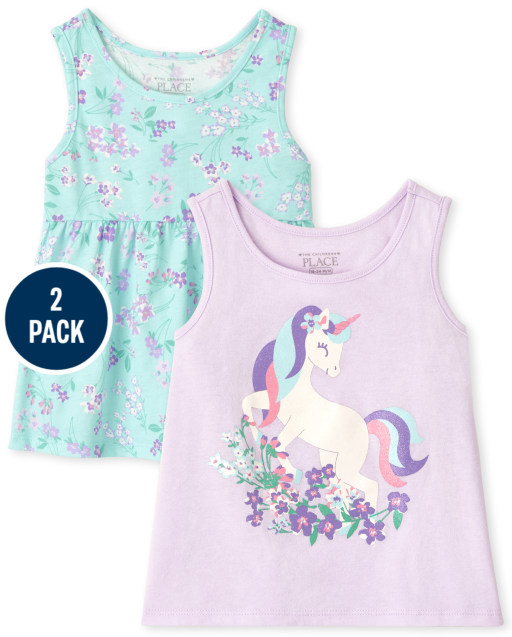 Camiseta sin mangas con diseño de unicornio Mix and Match para niñas pequeñas, paquete de 2