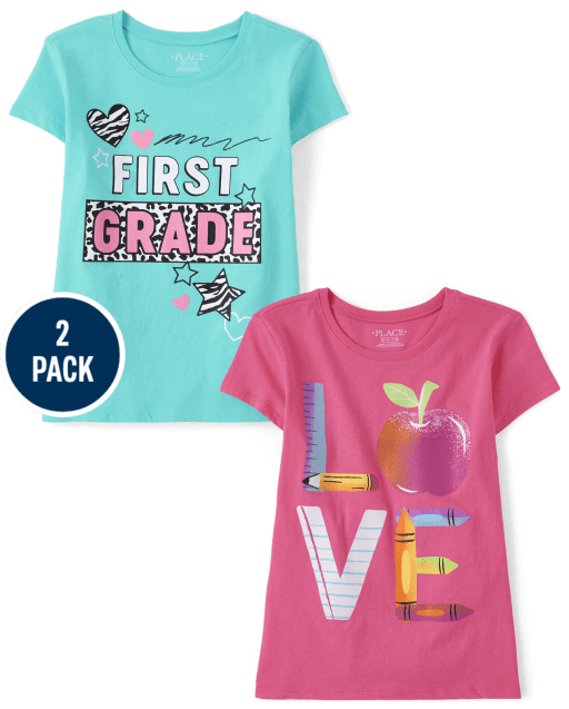 Paquete de 2 camisetas de manga corta con estampado "First Grade" y "Love" para niñas