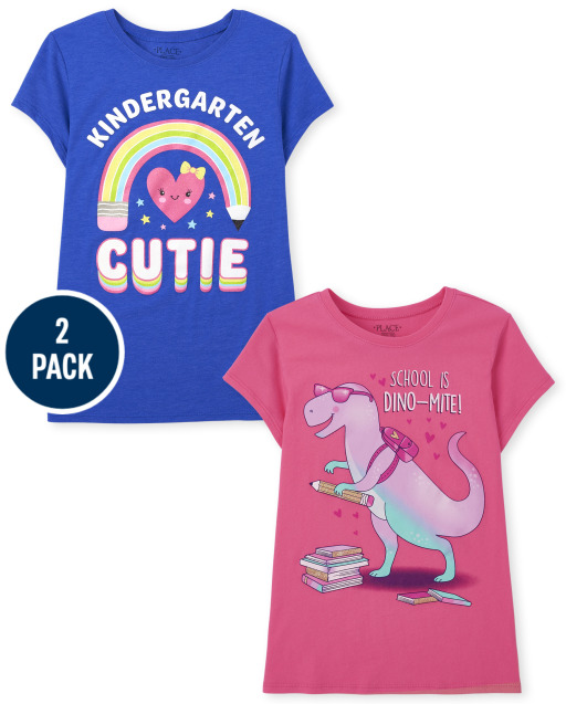 Pack de 2 camisetas gráficas de manga corta para niñas "Kindergarten Cutie" y "School Is Dino-Mite"