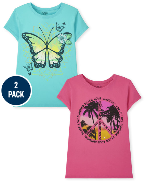 Paquete de 2 camisetas de manga corta con estampado de mariposa y signo de la paz para niñas