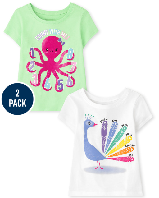 Paquete de 2 camisetas con estampado de pavo real y 'Cuenta conmigo' para niñas pequeñas