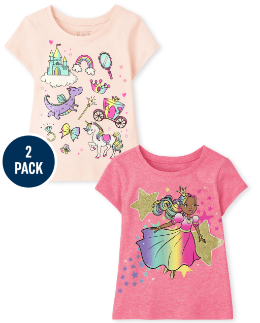 Paquete de 2 camisetas de manga corta con gráfico de princesa para bebés y niñas pequeñas