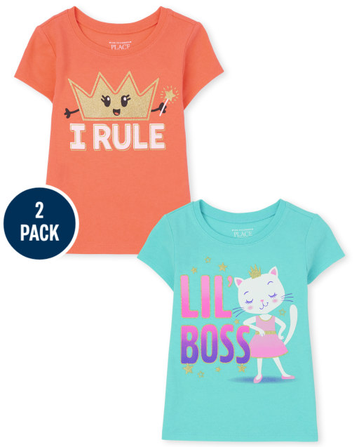 Pack de 2 camisetas de manga corta con gráfico "Lil" Boss" y "I Rule" para bebés y niñas pequeñas