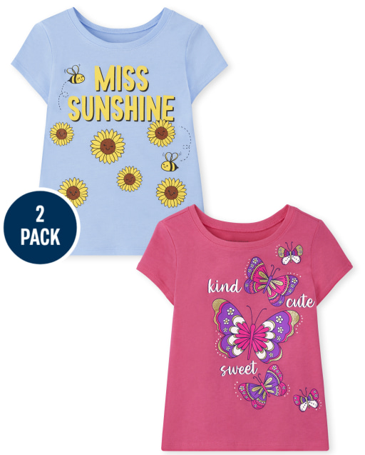 Paquete de 2 camisetas de manga corta con estampado "Miss Sunshine" y "Kind Cute Sweet" para bebés y niñas pequeñas