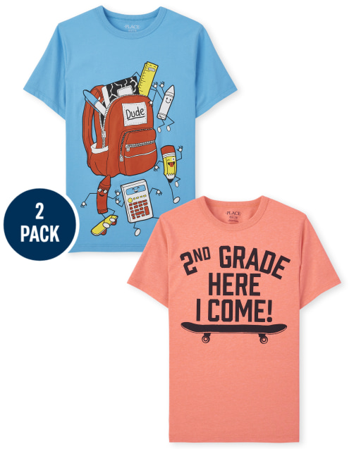 Paquete de 2 camisetas de manga corta para niños con estampado "2nd Grade Here I Come" y mochila