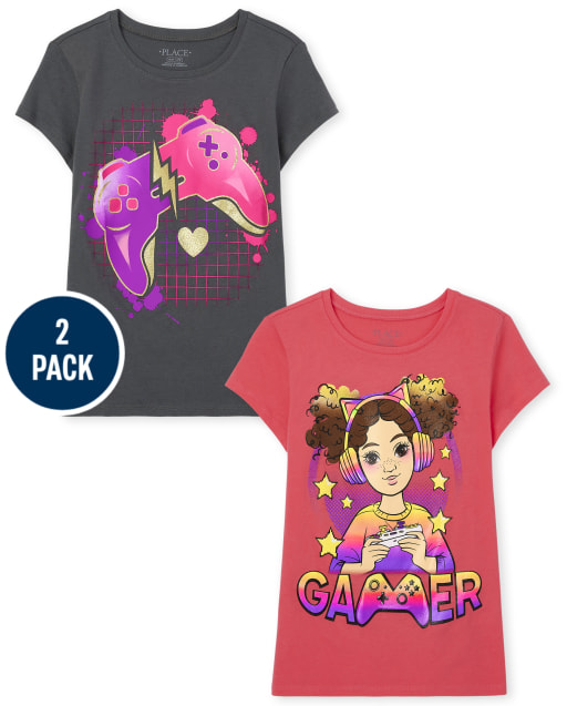 Girls Short Sleeve Gamer And Video Game Controller Graphic Tee 2-Pack