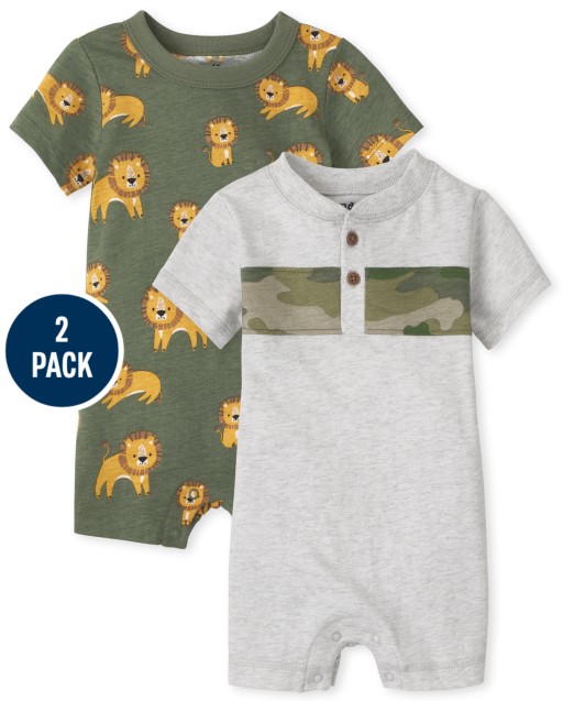 Baby Boys Short Sleeve Lion Print And Short Sleeve Camo Colorblock Knit Romper 2-Pack