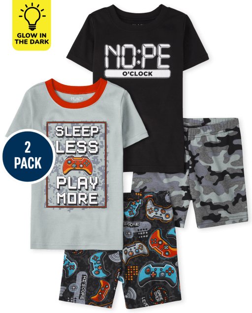Boys Short Sleeve Gamer Camo Glow Snug Fit Cotton Pajamas 2-Pack