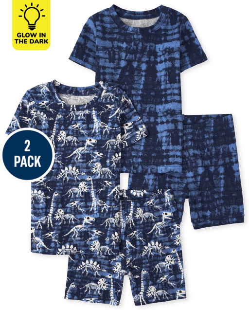 Pijama de algodón de manga corta con estampado de dinosaurios y ajuste ceñido, paquete de 2 para niños