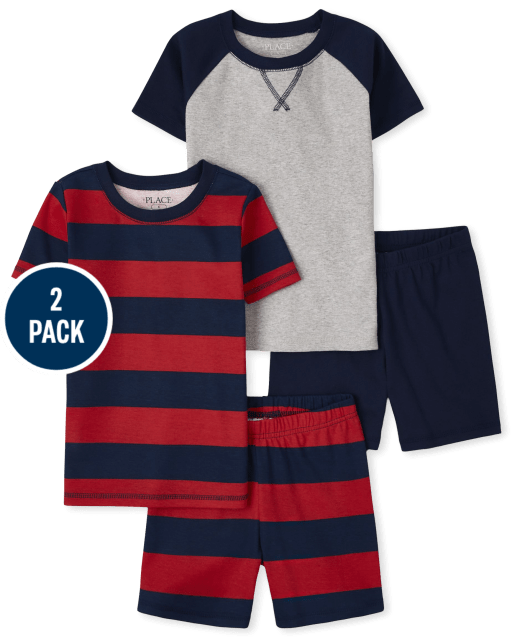 Boys Short Raglan Sleeve And Striped Snug Fit Cotton Pajamas 2-Pack