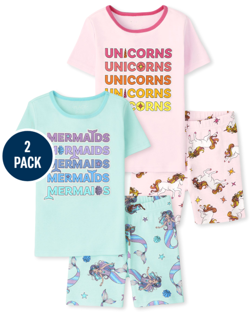 Girls Short Sleeve 'Unicorns' And 'Mermaids' Snug Fit Cotton Pajamas 2-Pack