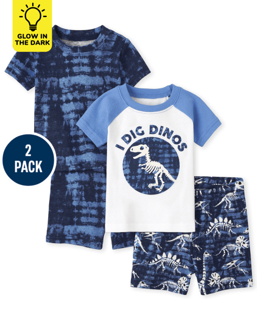 Paquete de 2 pijamas de algodón de ajuste ceñido de Dino resplandeciente de manga corta para bebés y niños pequeños