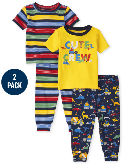 Paquete de 2 pijamas de algodón unisex de manga corta con diseño de dinosaurio y ajuste ceñido a rayas para bebés y niños pequeños