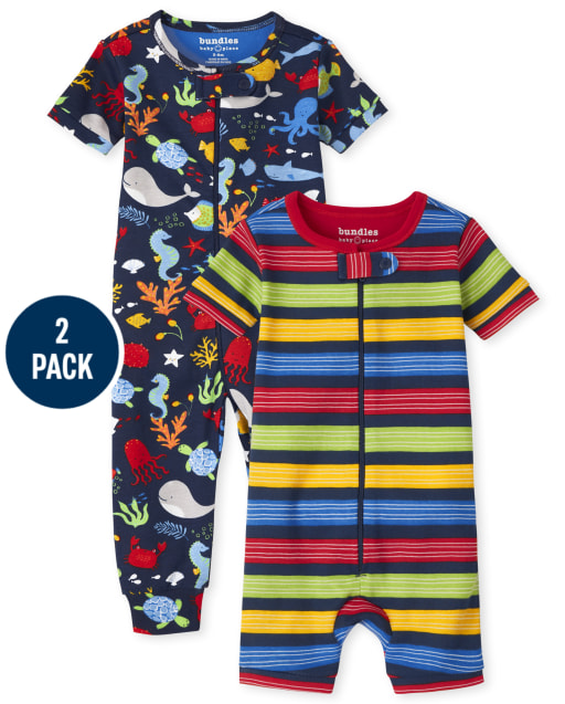 Paquete de 2 pijamas de una pieza de algodón de ajuste ceñido a rayas y criaturas marinas de manga corta para bebés y niños pequeños