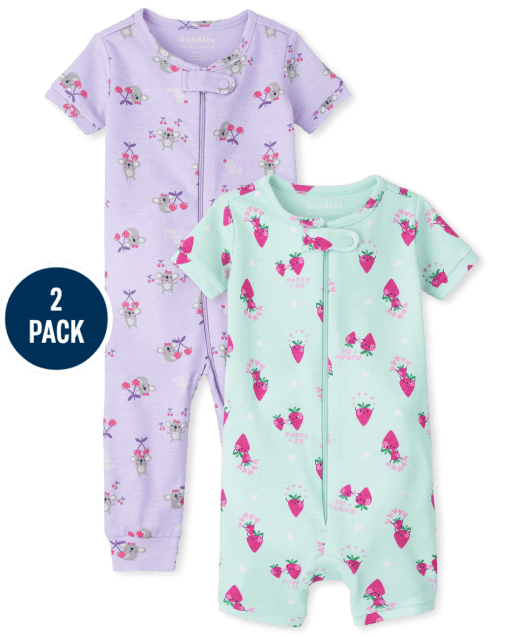 Pijama de una pieza de algodón de ajuste ceñido con koala y fresa de manga corta para bebés y niñas pequeñas, paquete de 2