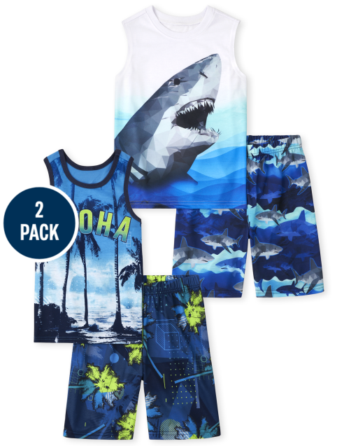 Boys Sleeveless Shark And 'Aloha' Pajamas 2-Pack