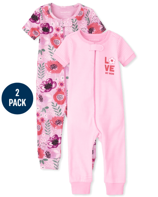Baby And Toddler Girls Short Sleeve Striped And Floral Snug Fit Cotton One Piece Pajamas 2-Pack