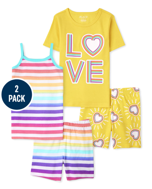Girls Short Sleeve Glow Love And Sleeveless Striped Snug Fit Cotton Pajamas 2-Pack
