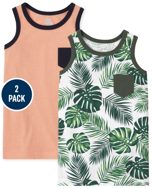 Boys Mix And Match Sleeveless Tropical Pocket Tank Top 2-Pack