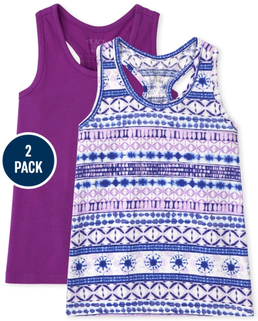 Girls Mix And Match Sleeveless Print Smocked Back Tank Top 2-Pack