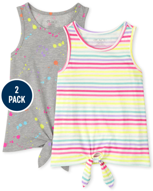 Girls Mix And Match Sleeveless Print Tie Front Tank 2-Pack
