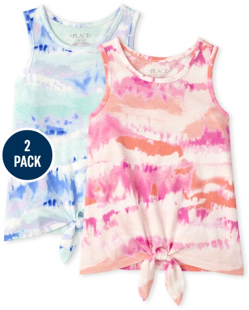 Girls Mix And Match Sleeveless Print Tie Front Tank 2-Pack