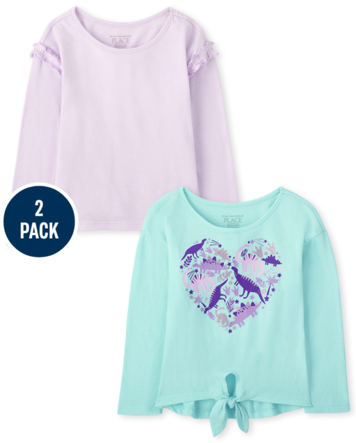 Toddler Girls Long Sleeve Dino  Heart Tie Front Top 2-Pack