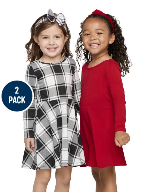 Toddler Girls Long Sleeve Plaid And Solid Knit Skater Dress 2-Pack