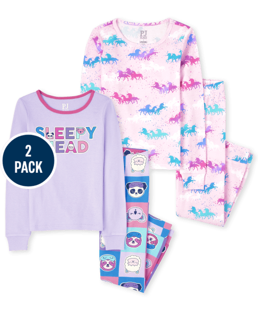 Girls Long Sleeve 'Sleepy Head' And Unicorn Snug Fit Cotton Pajamas 2-Pack