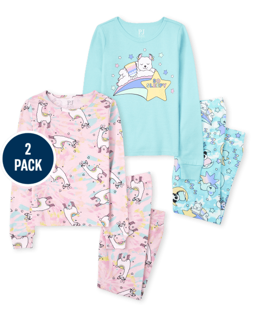 Girls Long Sleeve 'So Sleepy' And Llama Print Snug Fit Cotton Pajamas 2-Pack