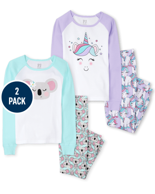 Girls Long Raglan Sleeve Unicorn And Koala Snug Fit Cotton Pajamas 2-Pack