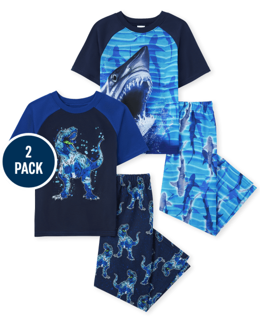 Boys Short Raglan Sleeve Dino And Shark Pajamas 2-Pack