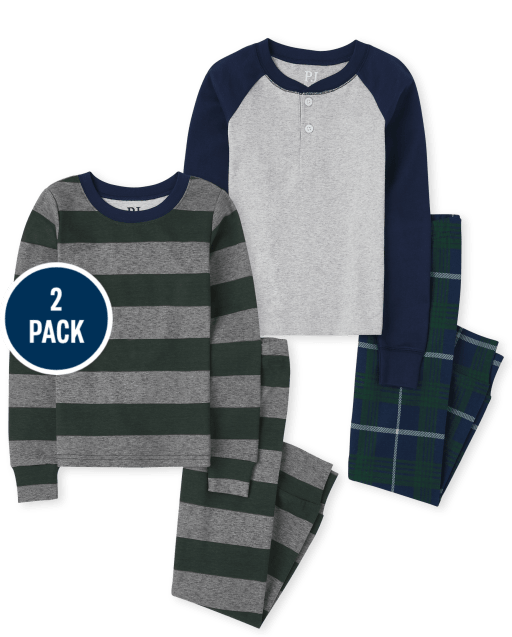 Boys Long Sleeve Striped Henley Snug Fit Cotton Pajamas 2-Pack