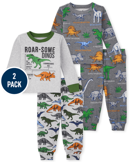 Paquete de 2 pijamas de algodón de ajuste ceñido Dino de manga larga para bebés y niños pequeños